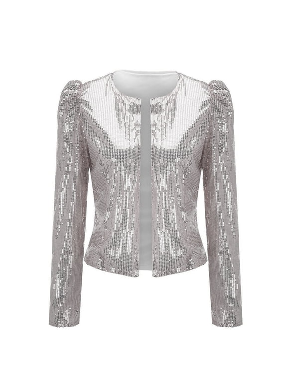 Women Casual Fashion Sequin Sequins Sparkling Cardigan Jacket Silver + 3XL