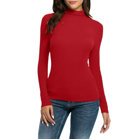 Rigardu Women Casual Solid Long Sleeve Mock Turtleneck Blouse Tops Slim Fit Stretchy Layer Tee Shirts Red1 + L
