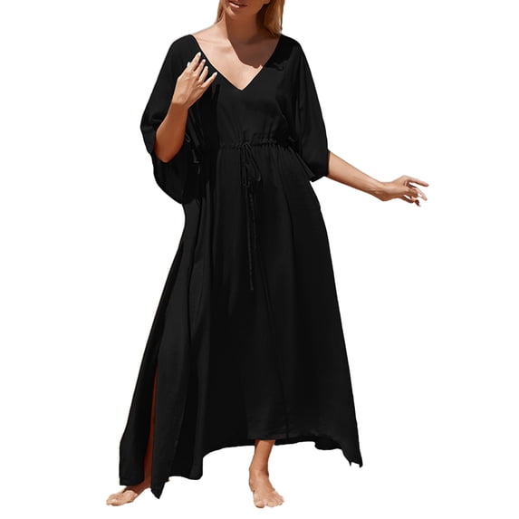 Rigardu Women Drawstring Waists Knot Dress V Neck Split Fork Dress Beach Wrap Bikini Dress Black + One size