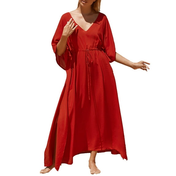 Rigardu Women Drawstring Waists Knot Dress V Neck Split Fork Dress Beach Wrap Bikini Dress Red + One size