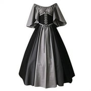 Rigardu Women Fashion Contrast Color Dress Short Sleeves Solid Color Dress Lace-up Medievals Vintage Dress Black + L