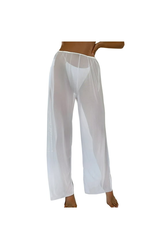 Women See Through Sheer Mesh Pants Beach Swimsuit Bikini Bottom Cover Up Party Club Elastic High Waist Wide Leg Pants Ruffle Trim Cover Up Pants Beach Wrap Bikini Shiny Swimwear Pants