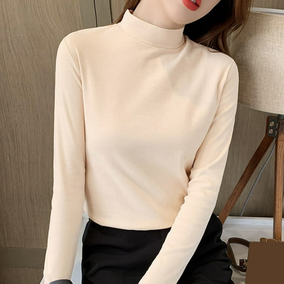 Rigardu Women Slim Casual Solid Long Sleeve Mock Turtleneck Blouse Tops Slim Fit Stretchy Layer Tee Shirts shirts for women womens shirts Beige + L