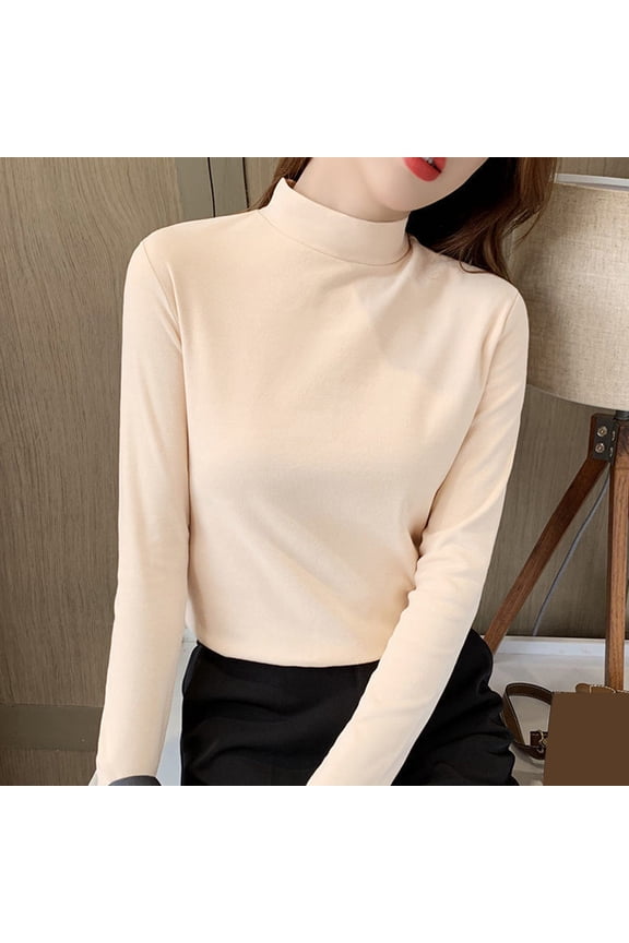 Women Slim Casual Solid Long Sleeve Mock Turtleneck Blouse Tops Slim Fit Stretchy Layer Tee Shirts shirts for women womens shirts Beige + M