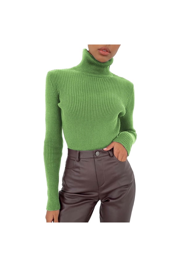 Women Soft Sweater Slim Fit Lightweight Long Sleeve Turtleneck Tops Undershirt Knitted Warm Fitted Fashion Pullover Sweater Green + One size