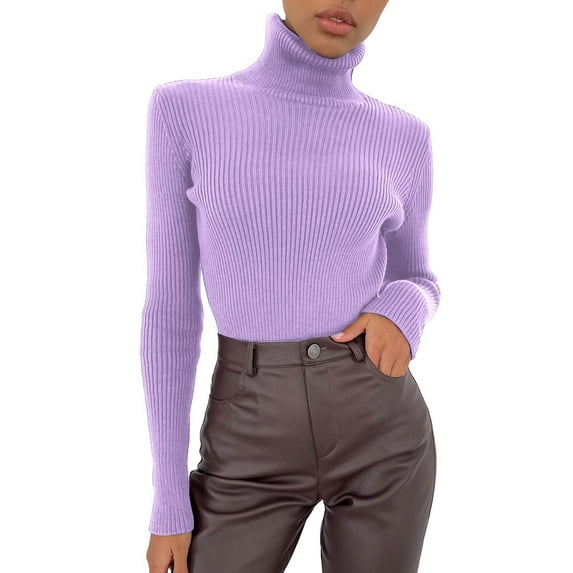 Rigardu Women Soft Sweater Slim Fit Lightweight Long Sleeve Turtleneck Tops Undershirt Knitted Warm Fitted Fashion Pullover Sweater Purple + One size