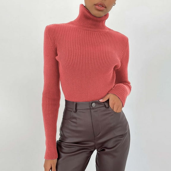 Rigardu blouses for women Women Soft Sweater Slim Fit Lightweight Long Sleeve Turtleneck Tops Undershirt Knitted Warm Fitted Fashion Pullover Sweater Watermelon red+One size