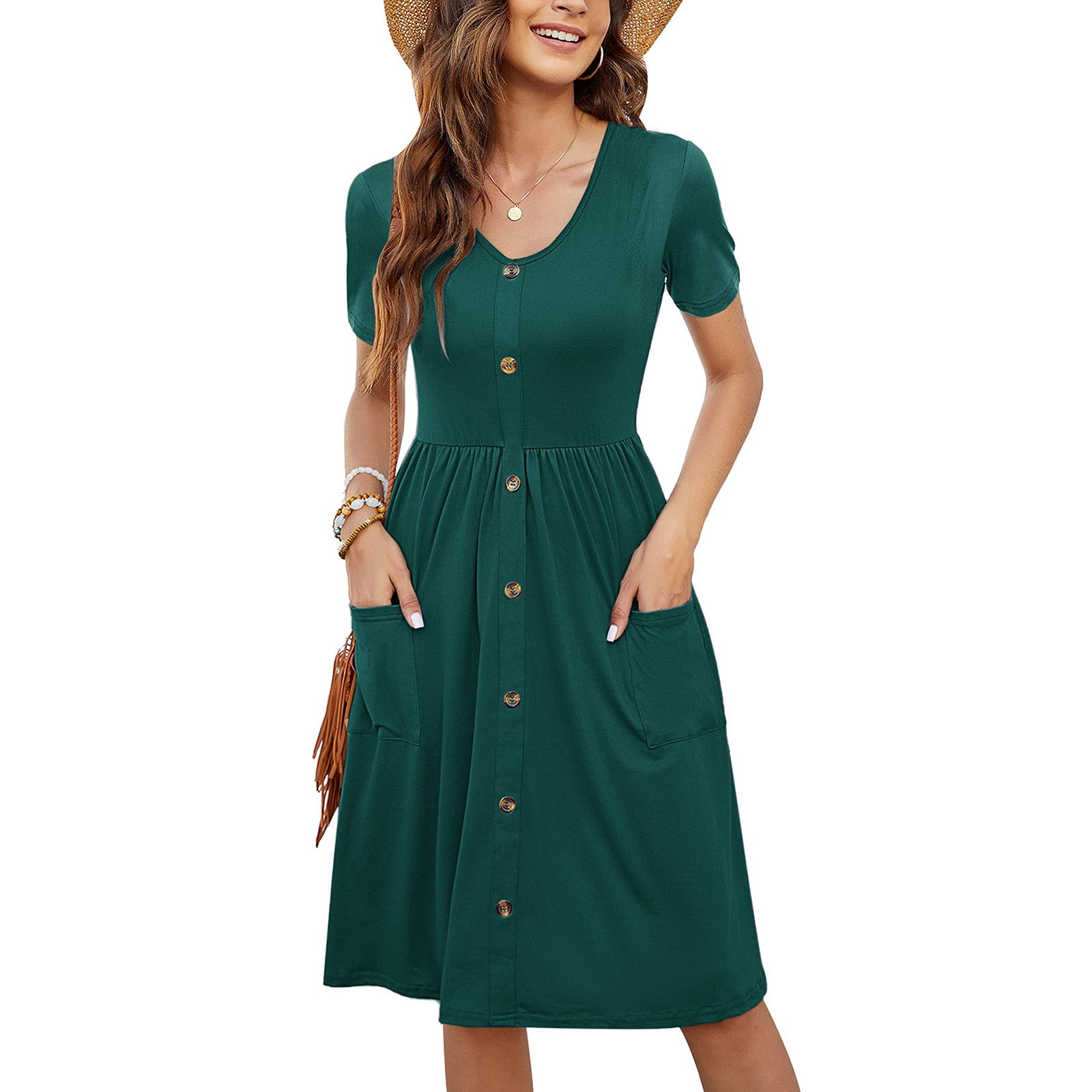 Rigardu Women Summer Casual Short Sleeve Dresses Button Down Knee Length Dress With Pockets Green+XXL