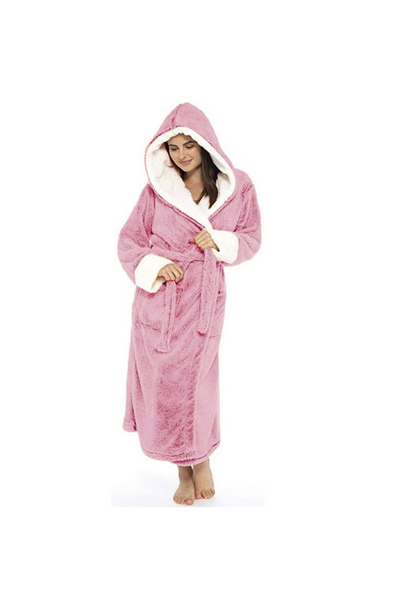 Women Winter Plush Shawl Bathrobe Plus Size Soft Home Clothes Long Sleeve Hooded Robe Robe Coat with Belt Plush Robes for Women Womens Robe Long S-5Xl Pink M