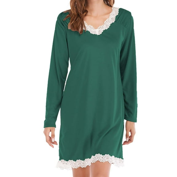 Rigardu Women's Cotton Nightgown Sleepwear Long Sleeves Nightshirt Womens Nightgowns V Neck Sleepshirts Lace Nightshirts Casual T Shirt Nightgowns for Women Soft Cotton Army Green Xxl