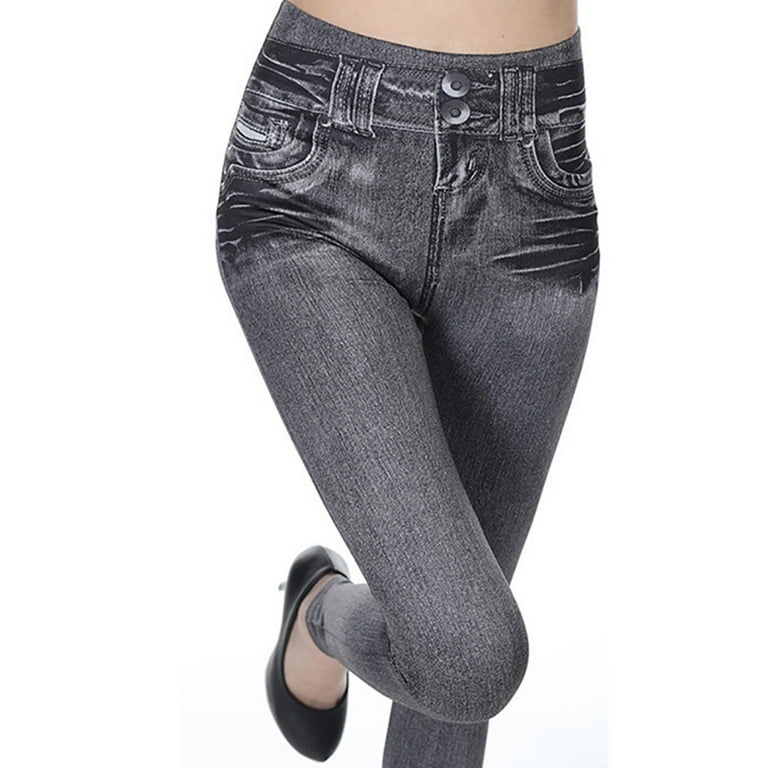 Rigardu Women's Denim Print Fake Jeans Leggings Pull-On Skinny