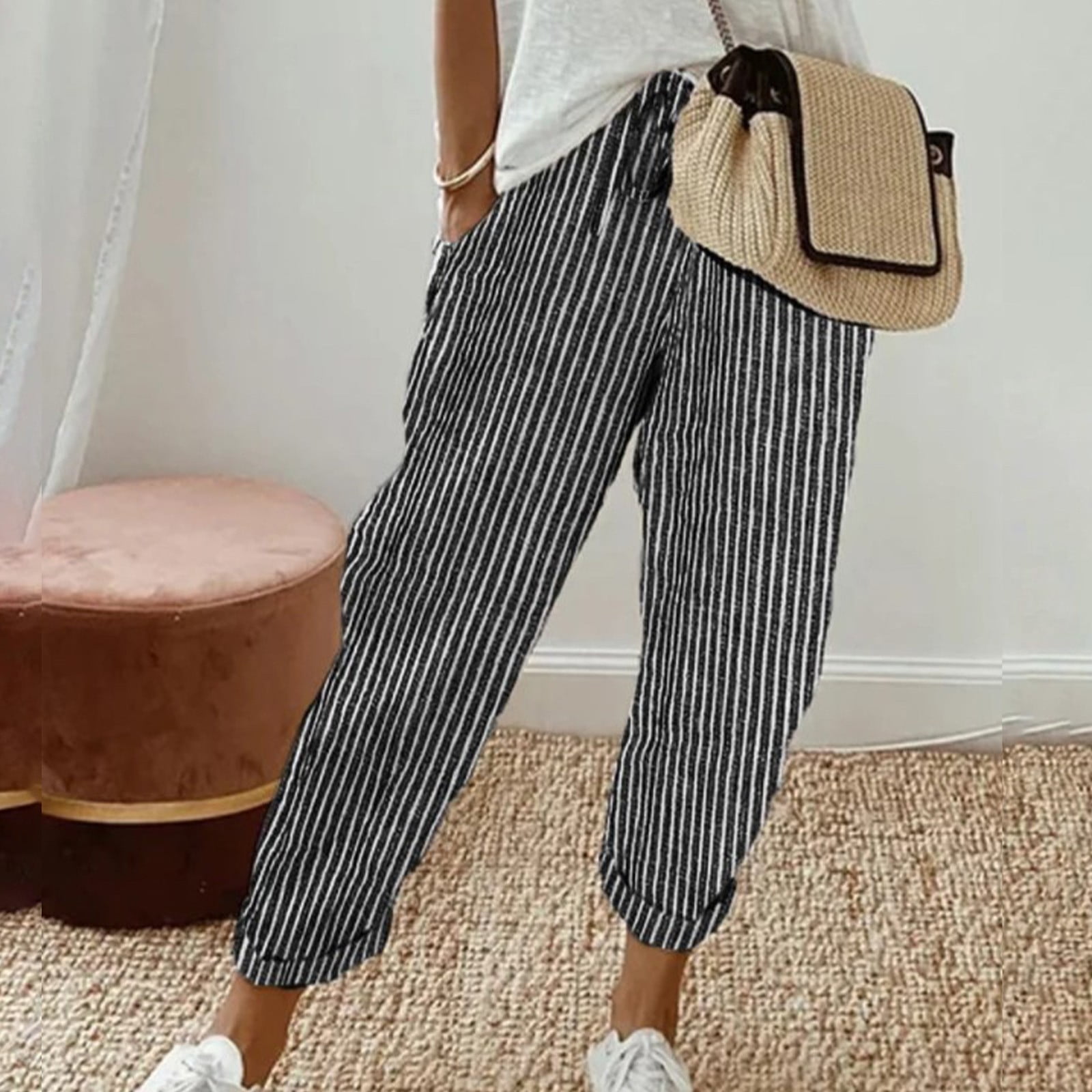 CONTRAST SIDE STRIPE ELASTIC WAIST LINEN PANTS