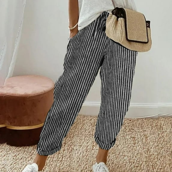 Rigardu Women's Elastic Waist Striped Casual Pants Loose Cotton And Linen Pants Black+M