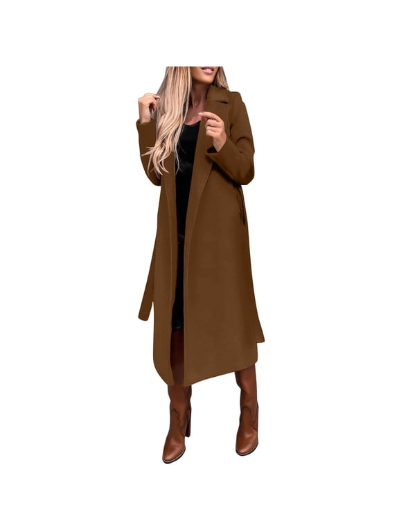 Women's Faux Wool Coat Blouse Thin Coat Trench Long Jacket Ladies Slim Long Belt Elegant Overcoat Outwear Coffee + 3XL