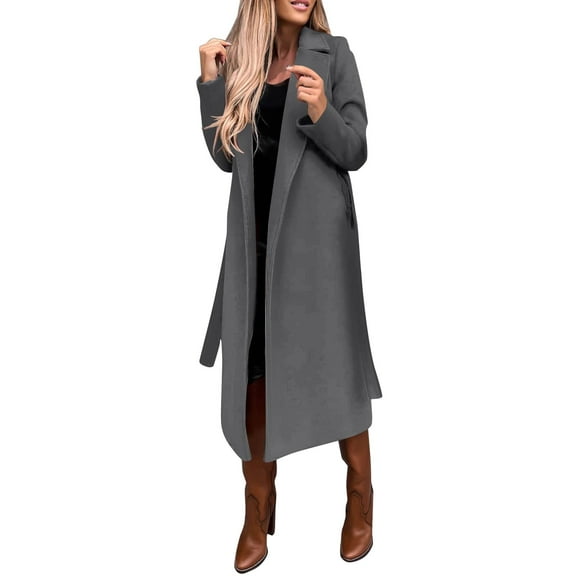 Rigardu Women's Faux Wool Coat Blouse Thin Coat Trench Long Jacket Ladies Slim Long Belt Elegant Overcoat Outwear Grey   M