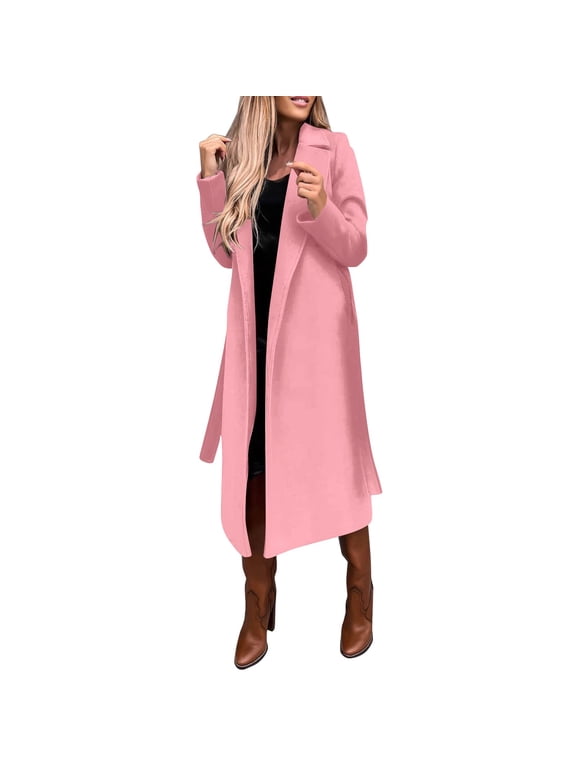 Women's Faux Wool Coat Blouse Thin Coat Trench Long Jacket Ladies Slim Long Belt Elegant Overcoat Outwear Pink + 3XL