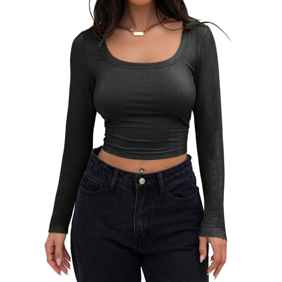 Rigardu Women's Long Sleeve Crop Top Ribbed Slim Fitted Casual Tight Fitting T Shirt Tops shirts for women womens shirts Black + L