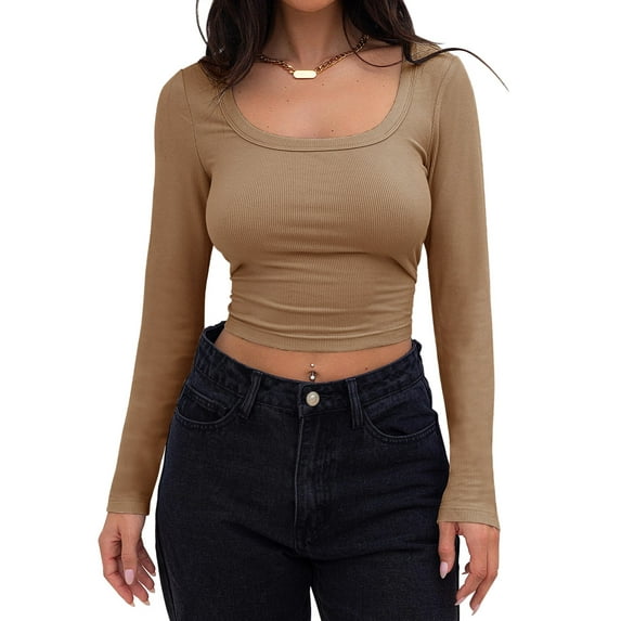 Rigardu Women's Long Sleeve Crop Top Ribbed Slim Fitted Casual Tight Fitting T Shirt Tops shirts for women womens shirts Brown + S