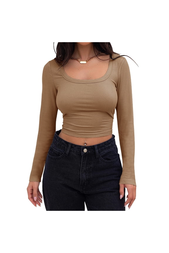 Women's Long Sleeve Crop Top Ribbed Slim Fitted Casual Tight Fitting T Shirt Tops shirts for women womens shirts Brown + S
