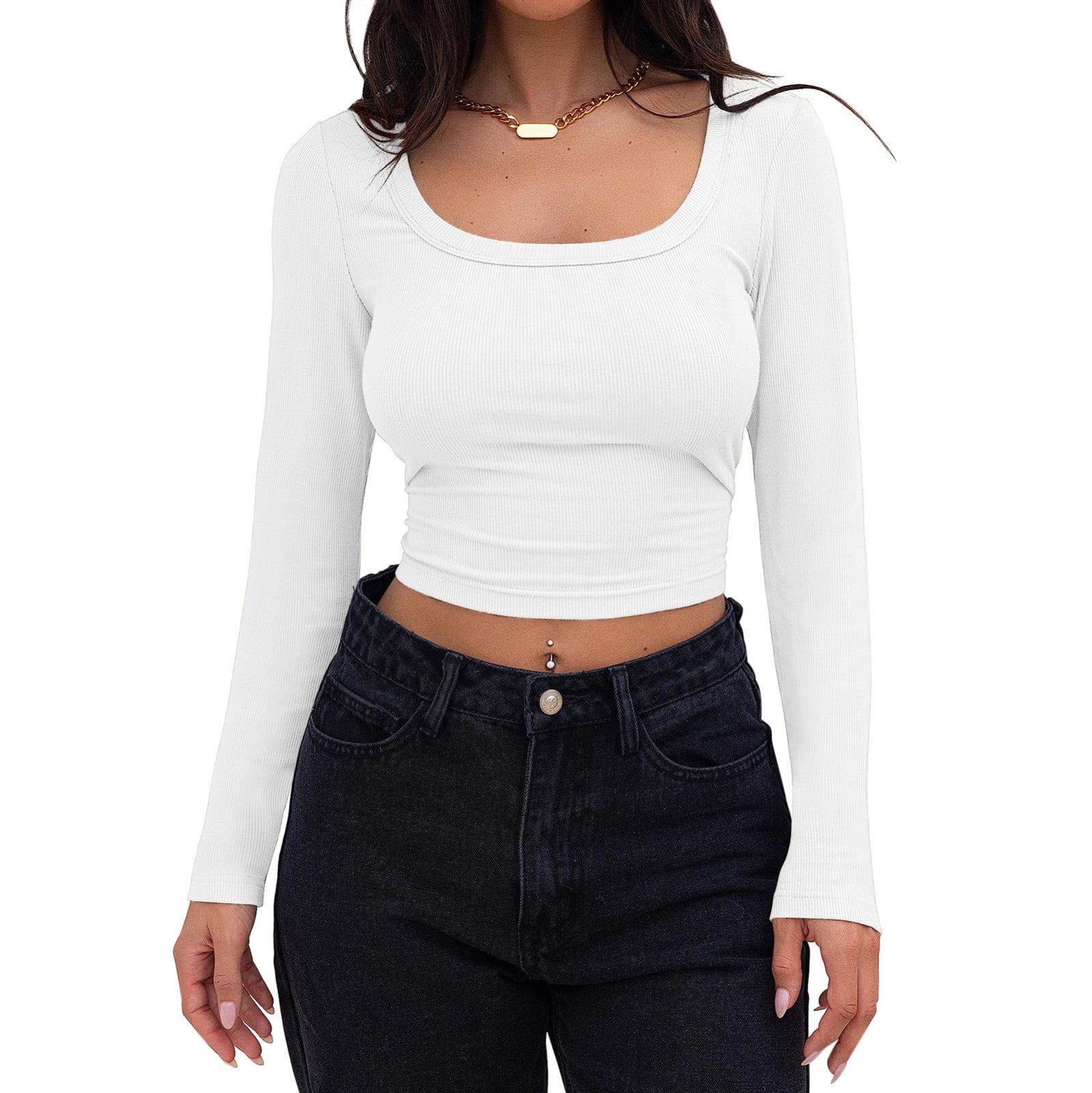 Rigardu Women's Long Sleeve Crop Top Ribbed Slim Fitted Casual Tight Fitting T Shirt Tops shirts