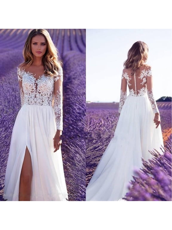 Women's Long-Sleeved See-Through Lace Wedding Dress Bridesmaid Dress Temperament Prom Evening Dress Split Long Skirt White + L