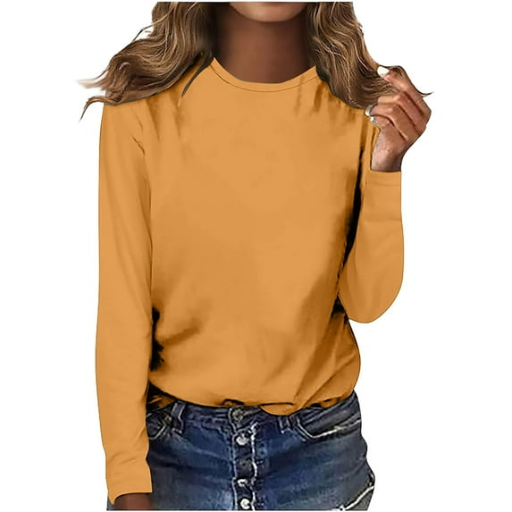Rigardu Women's Round Neck Long Sleeve Top Solid Color Casual T Shirt Long Sleeve Shirts for Women Size:s-2xl
