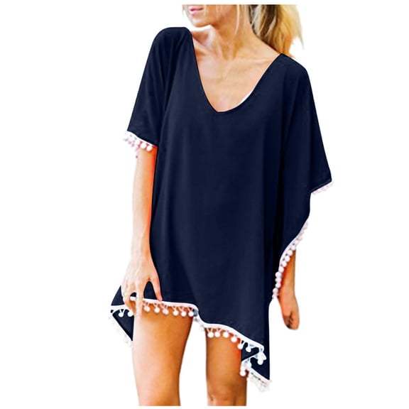 Rigardu Women's Swimsuit Coverup Ruffle Sleeve Bathing Suit Beach Cover Up Back Hollow Bikini T-Shirt Dress Loose Bikini Beach Up Tassels Tops Chiffon Swimwear Kaftan Cover Women's Trim Swimwears