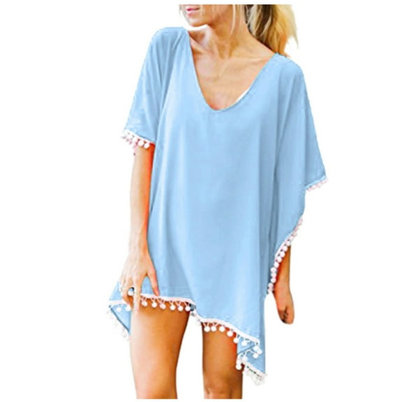 Rigardu Women's Swimsuit Coverup Ruffle Sleeve Bathing Suit Beach Cover Up Back Hollow Bikini T-Shirt Dress Loose Bikini Beach Up Tassels Tops Chiffon Swimwear Kaftan Cover Women's Trim Swimwears