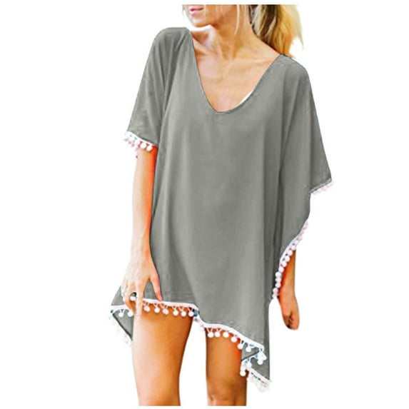 Rigardu Women's Swimsuit Coverup Ruffle Sleeve Bathing Suit Beach Cover Up Back Hollow Bikini T-Shirt Dress Loose Bikini Beach Up Tassels Tops Chiffon Swimwear Kaftan Cover Women's Trim Swimwears