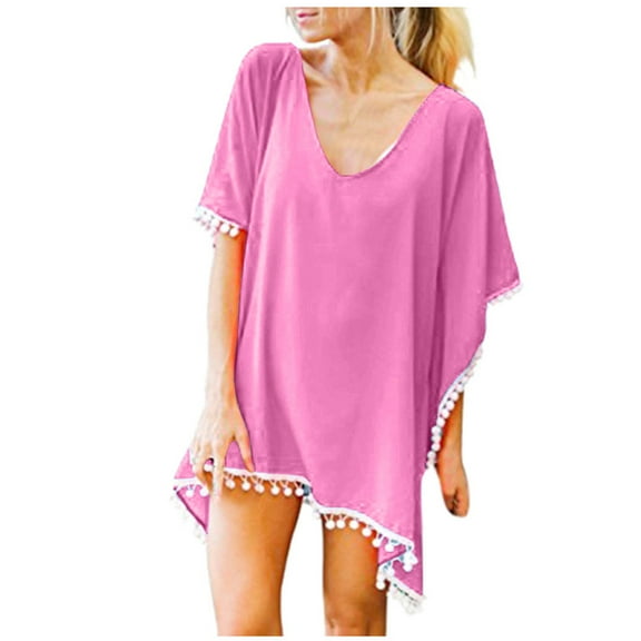 Rigardu Women's Swimsuit Coverup Ruffle Sleeve Bathing Suit Beach Cover Up Back Hollow Bikini T-Shirt Dress Loose Bikini Beach Up Tassels Tops Chiffon Swimwear Kaftan Cover Women's Trim Swimwears