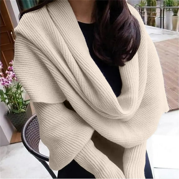 Rigardu Womens Knit Sweater Tops Scarf Winter Cable Wrap Shawl Scarf with Sleeves Chunky Long Warm Crochet Scarves（1Pc) Beige 40B