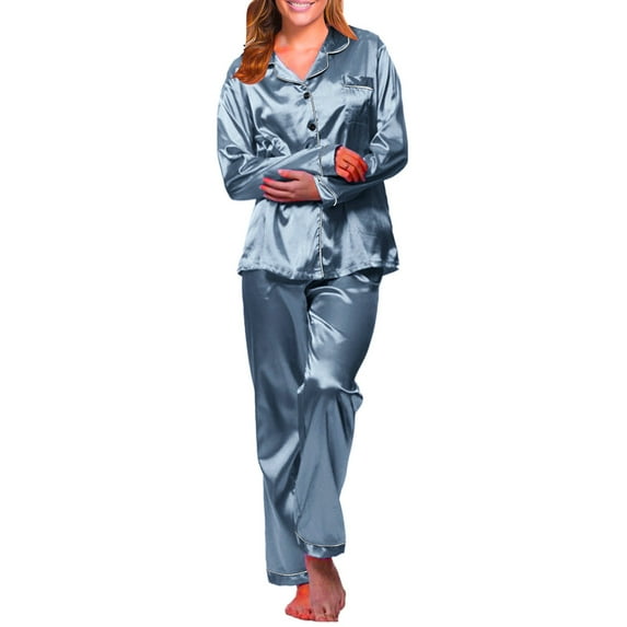 Rigardu Womens Satin Pajamas Set Long Sleeve Nightwear Robe Sets Pajama Pajamas Pajama Women's Women Long Satin Underwear Long Suit Loose Set Women Nightgown Satin Pajama Set for Women Navy 3Xl