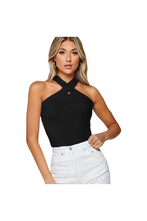 Womens Solid Halter Sleeveless Tee Shirt Top Black+M