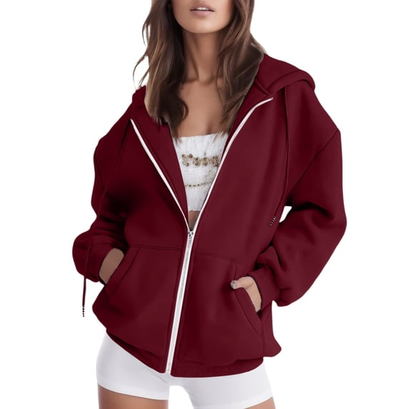 Rigardu Zip Up Hoodie Women Zip Up Coats for Women Women's Fall Jacket Oversized Pocket Sweatshirt Casual Drawstring Clothing Zipper Track Jacket Solid Color Long Sleeve Hooded Tops
