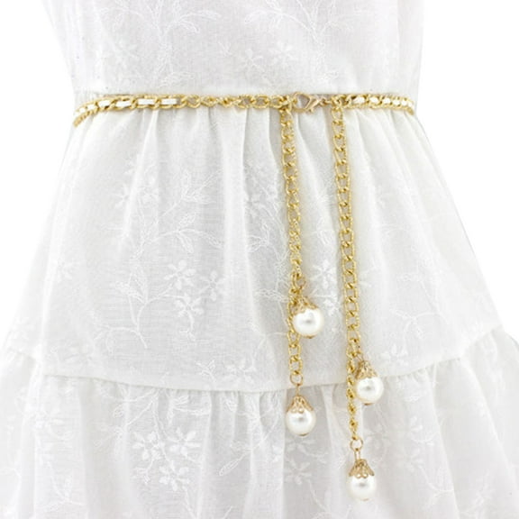 Rigardu belts for women Women Metal Hook Adjustment Waist Pearl Chain Decorative Dress Waist Small Fragrance Thin Belt Sweet Chain womens belt White   One size