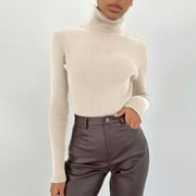 Rigardu blouses for women Women Soft Sweater Slim Fit Lightweight Long Sleeve Turtleneck Tops Undershirt Knitted Warm Fitted Fashion Pullover Sweater Beige+One size