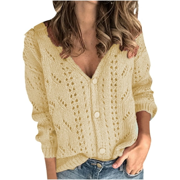 Rigardu cardigan for women Women Solid V-Neck Single-breasted Buttons Hollow Out Cardigan Sweater Beige + 10