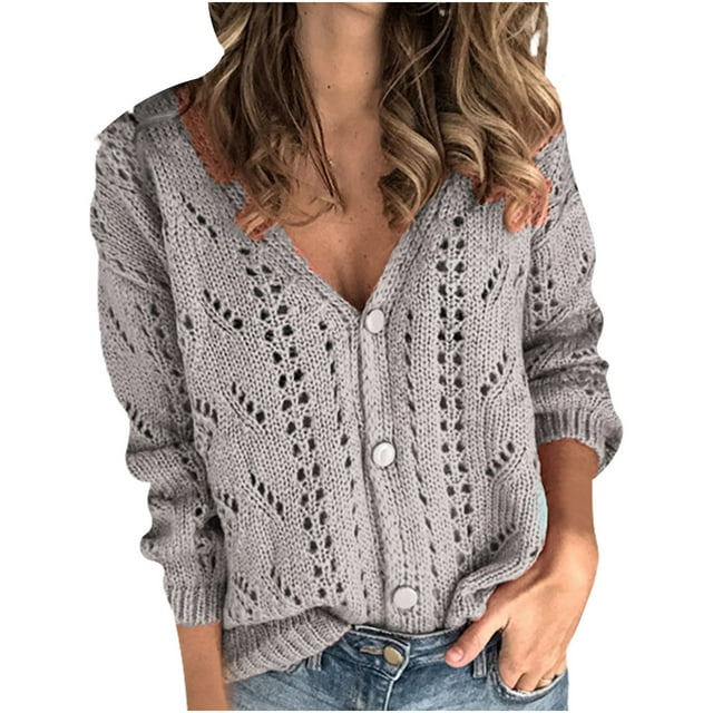 Rigardu cardigan for women Women Solid V-Neck Single-breasted Buttons Hollow Out Cardigan Sweater Grey + 10