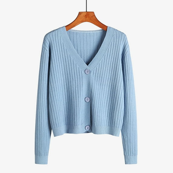 Rigardu cardigan for women womens cardigan womens cardigans fall Women's Autumn And Winter Long Sleeve V Neck Soft Knit Solid Color Cardigan Blue+One size