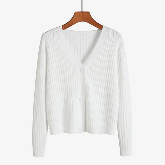 Rigardu cardigan for women womens cardigan womens cardigans fall Women's Autumn And Winter Long Sleeve V Neck Soft Knit Solid Color Cardigan White+One size