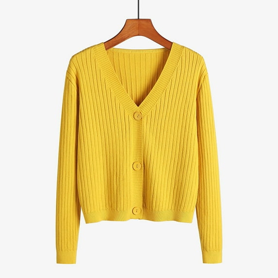Rigardu cardigan for women womens cardigan womens cardigans fall Women's Autumn And Winter Long Sleeve V Neck Soft Knit Solid Color Cardigan Yellow+One size