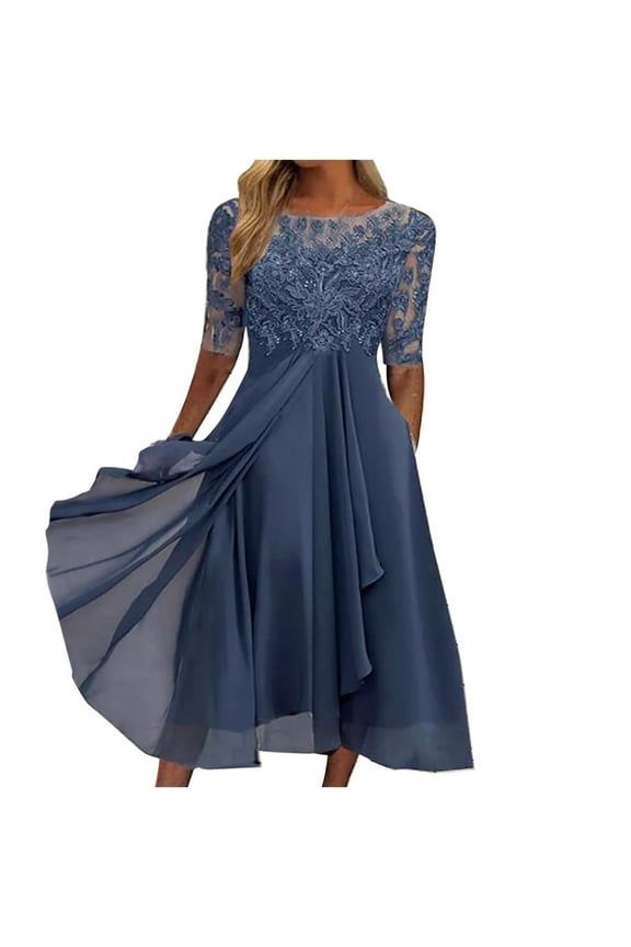 dresses for women Women's Tea Length Embroidery Lace Chiffon Dress Mock Dress womens dresses Blue + L
