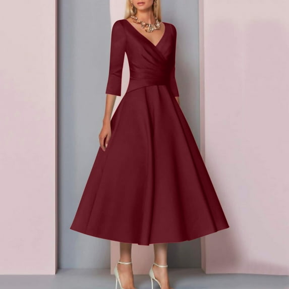 Rigardu dresses for women A Line Mother Of The Bride Dress Wedding Guest Vintage Plus Size Elegant V Neck Tea Length Satin 1/2 Length Sleeve With Pleats womens dresses Wine + L