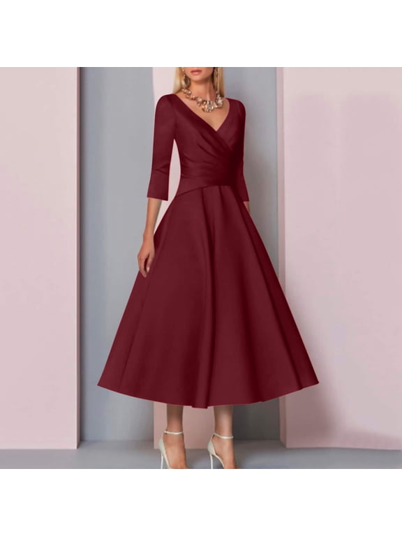 dresses for women A Line Mother Of The Bride Dress Wedding Guest Vintage Plus Size Elegant V Neck Tea Length Satin 1/2 Length Sleeve With Pleats womens dresses Wine + XL