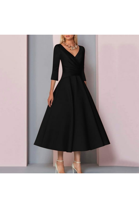 dresses for women A Line Mother Of The Bride Dress Wedding Guest Vintage Plus Size Elegant V Neck Tea Length Satin 1/2 Length Sleeve With Pleats womens dresses Black + XXL