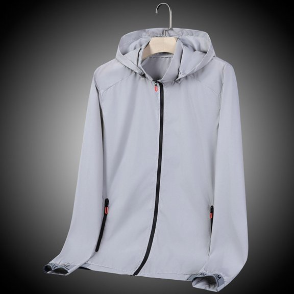 Rigardu jackets for men mens jacket Male Spring And Summer Sunscreen Ice Silk Thin Long Sleeved Zipper Hooded Solid Color Jacket Grey 4XL