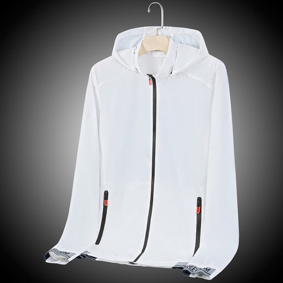 Rigardu jackets for men mens jacket Male Spring And Summer Sunscreen Ice Silk Thin Long Sleeved Zipper Hooded Solid Color Jacket White+XL