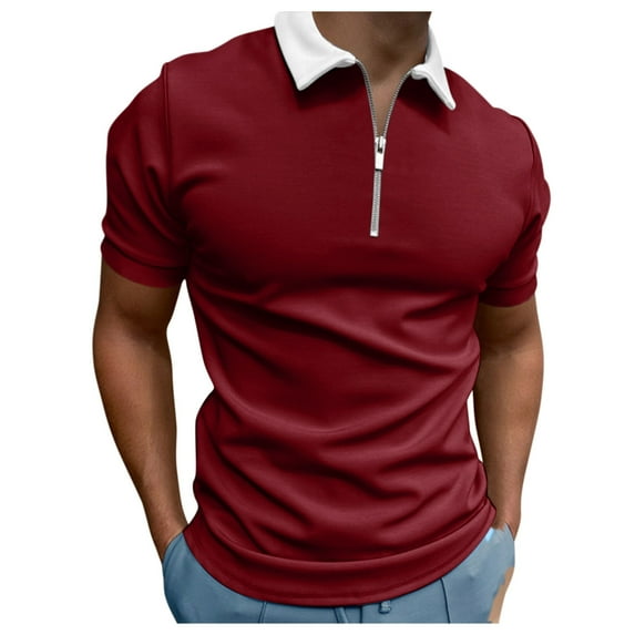 Rigardu mens shirts shirt for men men's t-shirts men's dress shirts Men Casual Soild Zipper Top Shirt Turn Down Collar Blouse Short Sleeve Top Shirt Fashion Casual Shirt Wine+XXL
