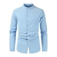 thumbnail image 1 of Rigardu mens shirts shirt for men men's t-shirts men's dress shirts Men's Casual Solid Color Shirt Long Sleeve Half Cover Button Collarless Top Blue+L, 1 of 3
