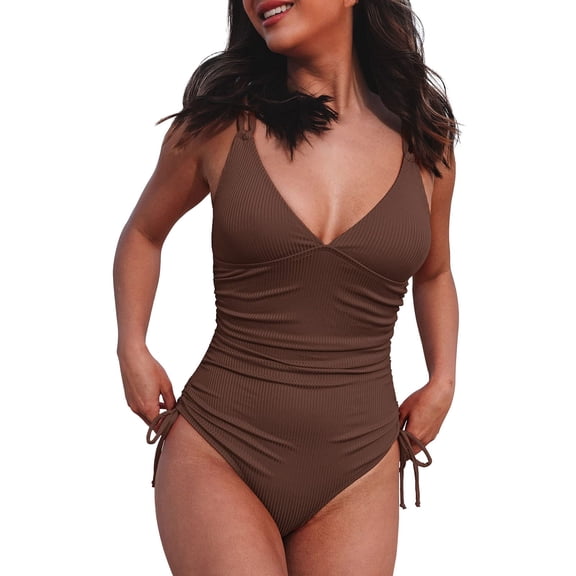 Rigardu one piece swimsuit women Women's V Neck Swimsuit Tie Side High Cut Bathing Suit Ribbed Swimwear womens one piece swimsuits Brown   L